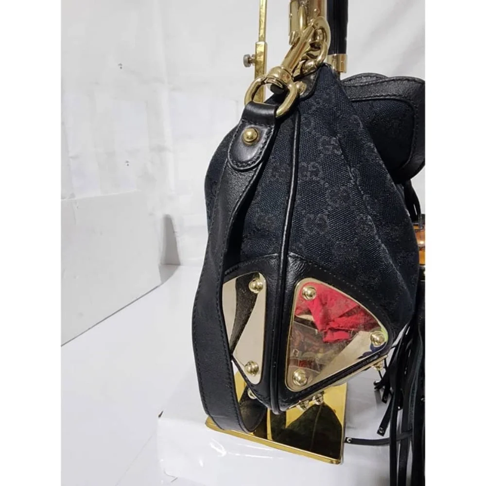 Authentic Gucci GG Canvas and Leather Medium Babouska Indy Hobo Bag Black